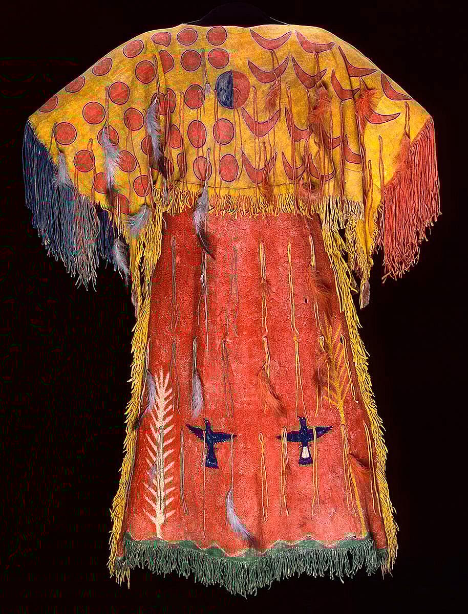 Fig. 5: Ghost Dance dress, Southern Arapaho, ca. 1890. Tanned elk hide, pigment, feathers. Chandler-Pohrt Collection. Gift of Mary J. and James R. Jundt. NA.204.4
