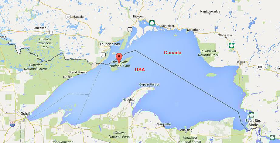 Map to show the location of Isle Royale National Park where wolves and ravens live and are researched.