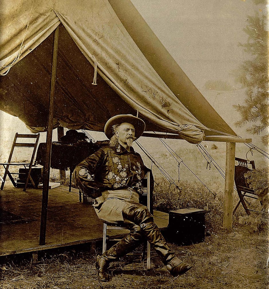 William F. "Buffalo Bill" Cody is pictured here in front of his personal Wild West tent on a not-so-windy day around 1905. MS 6 William F. Cody Collection, McCracken Research Library. P.69.953