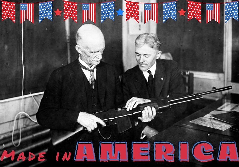 John Browning holding the BAR (Browning Automatic Rifle), with Frank Burton standing next to him. MS 020 Winchester Repeating Arms Company Collection. P.20.2241