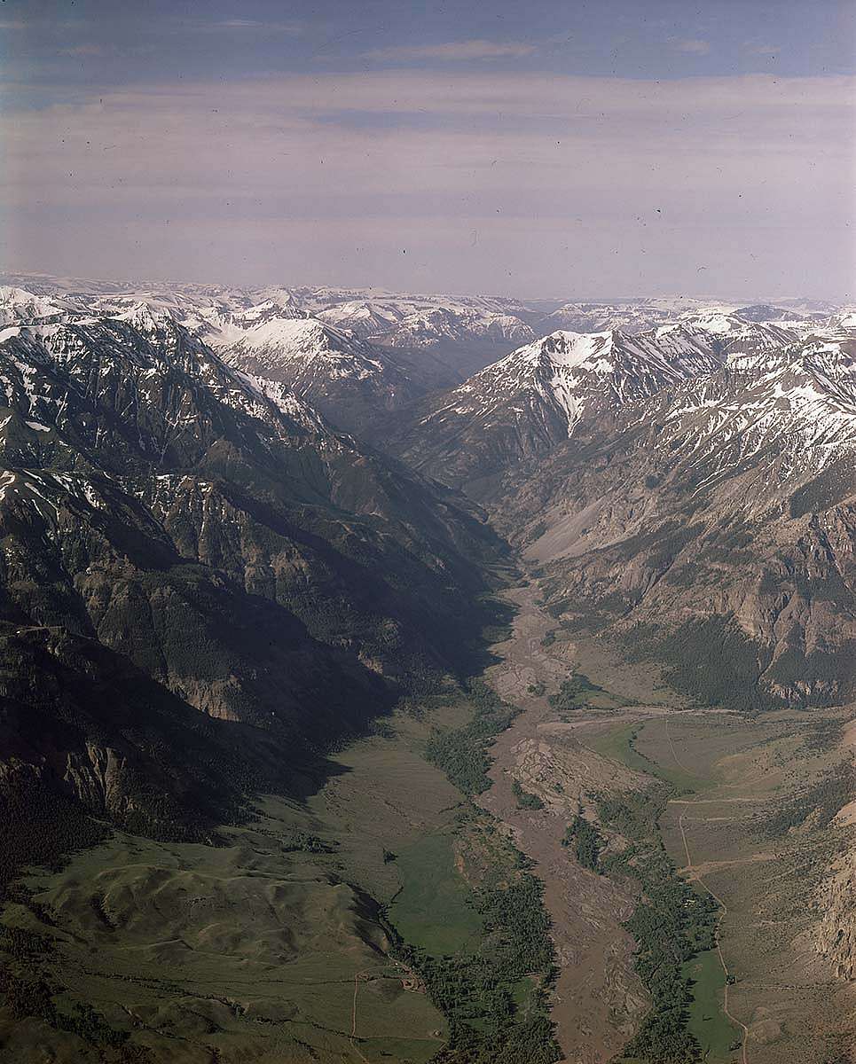 Aerial view of Upper South Fork Valley, ca. 1955. MS 089 Jack Richard Photograph Collection, McCracken Research Library. PN.89.111.21227.4