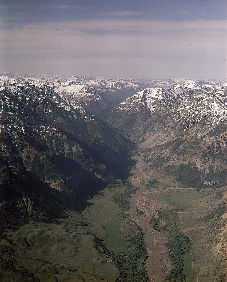Aerial view of Upper South Fork Valley, ca. 1955. MS 089 Jack Richard Photograph Collection, McCracken Research Library. PN.89.111.21227.4