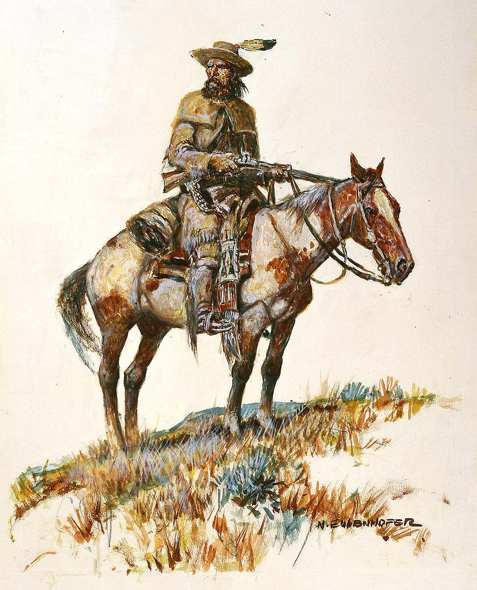 Nick Eggenhofer (1897-1985). "Trapper on a Pinto Horse," undated. Watercolor on strathmore. 24.70