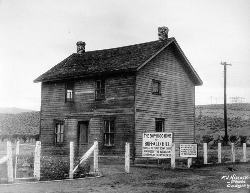 Buffalo Bill's Boyhood Home relocated to Cody from LeClaire. Located at the Burlington Depot near the Burlington Inn just north of Cody. F.J. Hiscock Photo. P.6.529