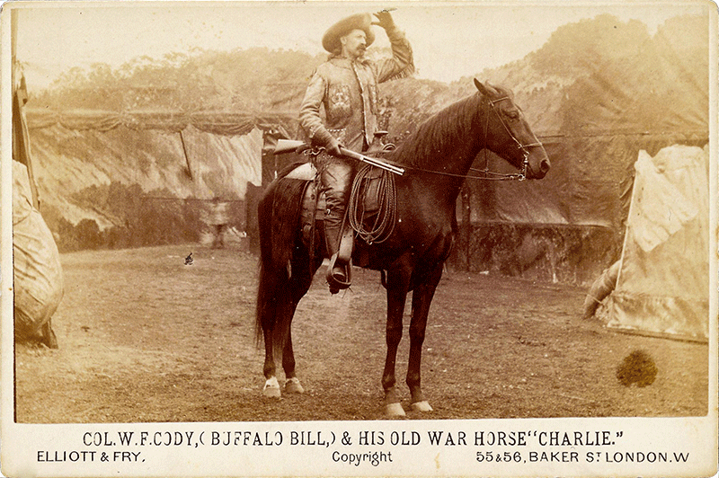 Buffalo Bill on his old warhorse Charlie, ca. 1883. MS 71 Vincent Mercaldo Collection, McCracken Research Library. P.71.34.1