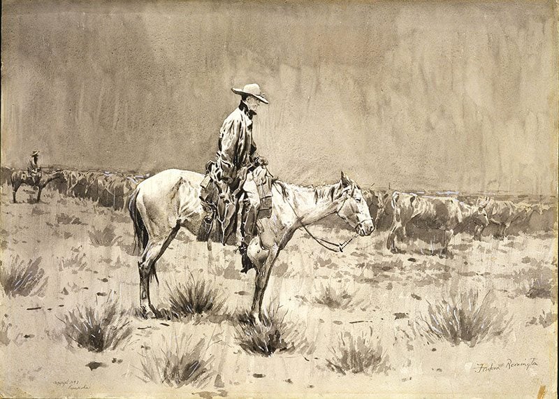 Frederic Remington (1861-1909). "Riding Herd in the Rain," ca. 1897. Gift of The Hon. C.V. Whitney. 1.63, Remington published this painting in his book "Drawings," which included a preface by Owen Wister, the author of the Remington-illustrated, classic article "The Evolution of the Cowpuncher." 1.63