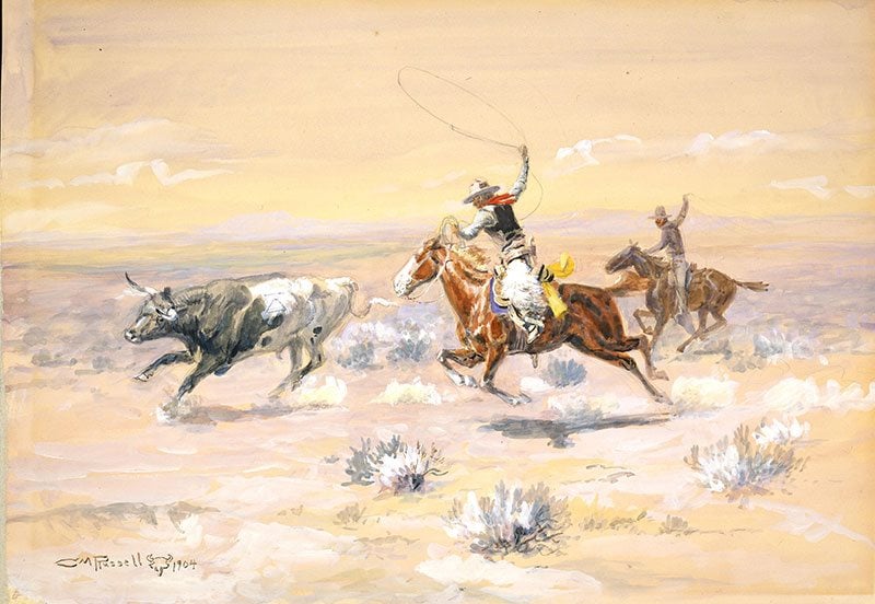Charles M. Russell (1864-1926). "Cowboys from the Bar Triangle," 1904. Gift of William E. Weiss. 59.72. The brand identifies the steer as belonging to the Cicely Grum outfit ranging south of Judith Gap in Montana. 59.72