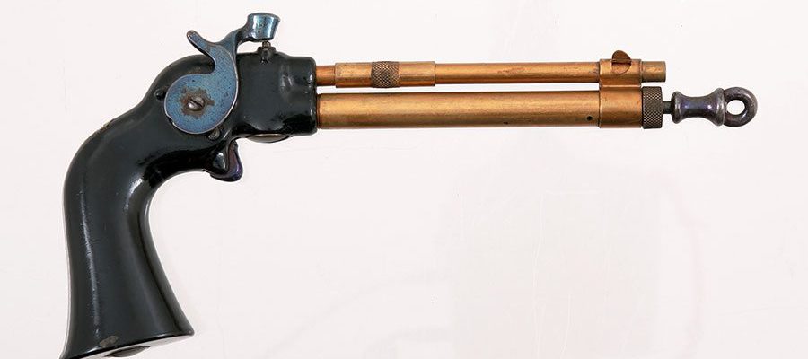 Air pistol, percussion cap, ca. 1875. Hawley-Snow, Kalamazoo, Michigan. Gift of Olin Corporation, Winchester Arms Collection. 1988.8.951