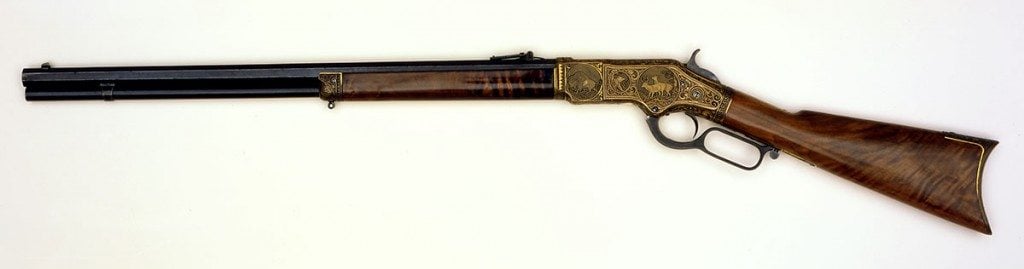 A Treasure from Our West: Winchester Model 1866 rifle embellished with elk, bison, and grizzly bear. 1988.8.3283