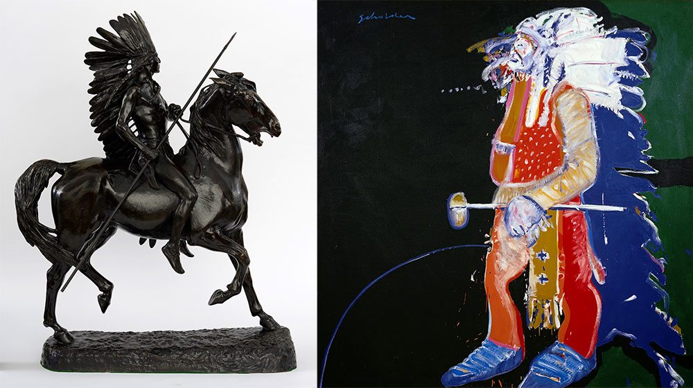 One stop on the Whitney Western Art Museum's free audio tour compares and contrasts these two depictions of American Indians. Artwork credits: Alexander Phimister Proctor's "Indian Warrior," 1898, Gift of A. Phimister Proctor Museum with special thanks to Sandy and Sally Church, 4.08.2; and Fritz Scholder's "Indian With Tomahawk," 1970, William E. Weiss Contemporary Art Fund, 15.77