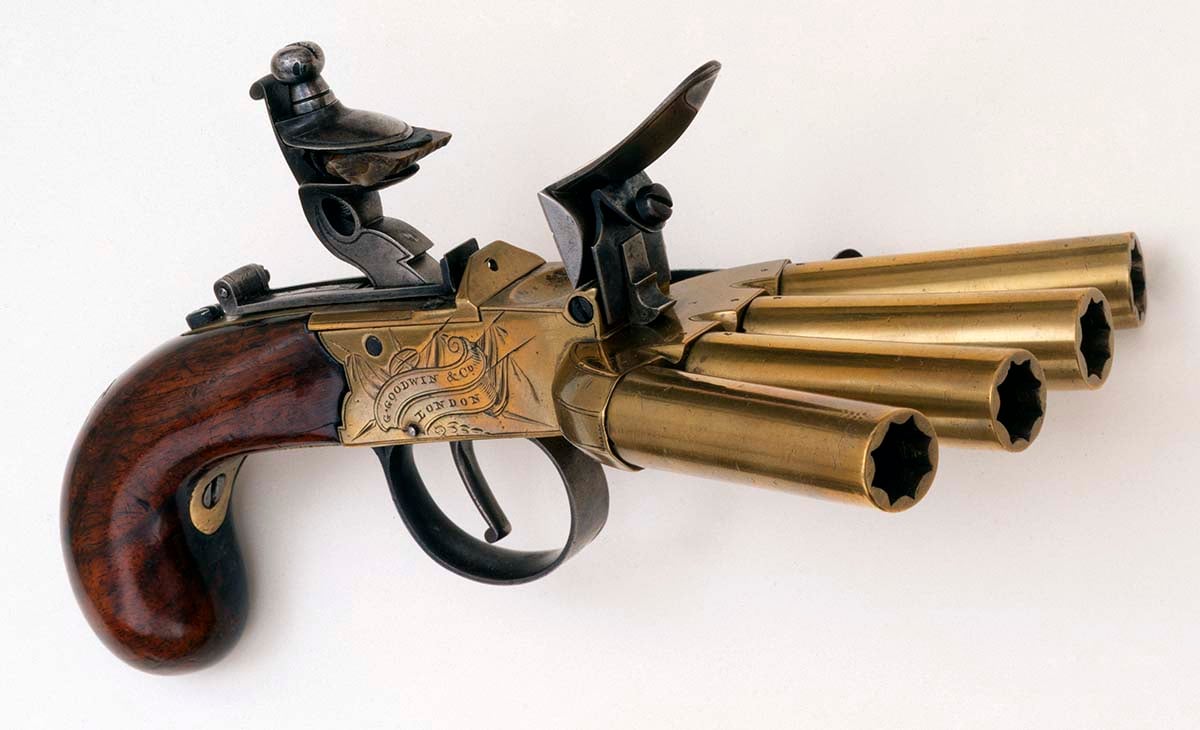 English Flintlock "Duck's Foot" Pistol, ca. 1800, .50 caliber. Overall length 8.75 inches; barrel length 2.5 inches. Gift of Olin Corporation, Winchester Arms Collection. 1988.8.980