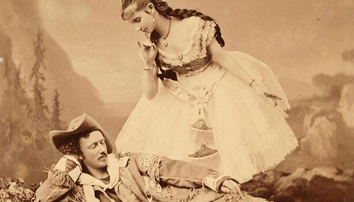 Texas Jack Omohundro—pictured here with French Dancer Mlle. Morlacchi in “Scouts of the Prairie” stage play, ca. 1875—and Buffalo Bill thrilled audiences with their wild shooting and simulated knife-fighting. Original Buffalo Bill Museum Collection. Purchased from Fred H. Garlow, Jr., William Joseph Garlow, and Mrs. Jane Cody Garlow Mallehan, grandchildren of Buffalo Bill. P.69.24