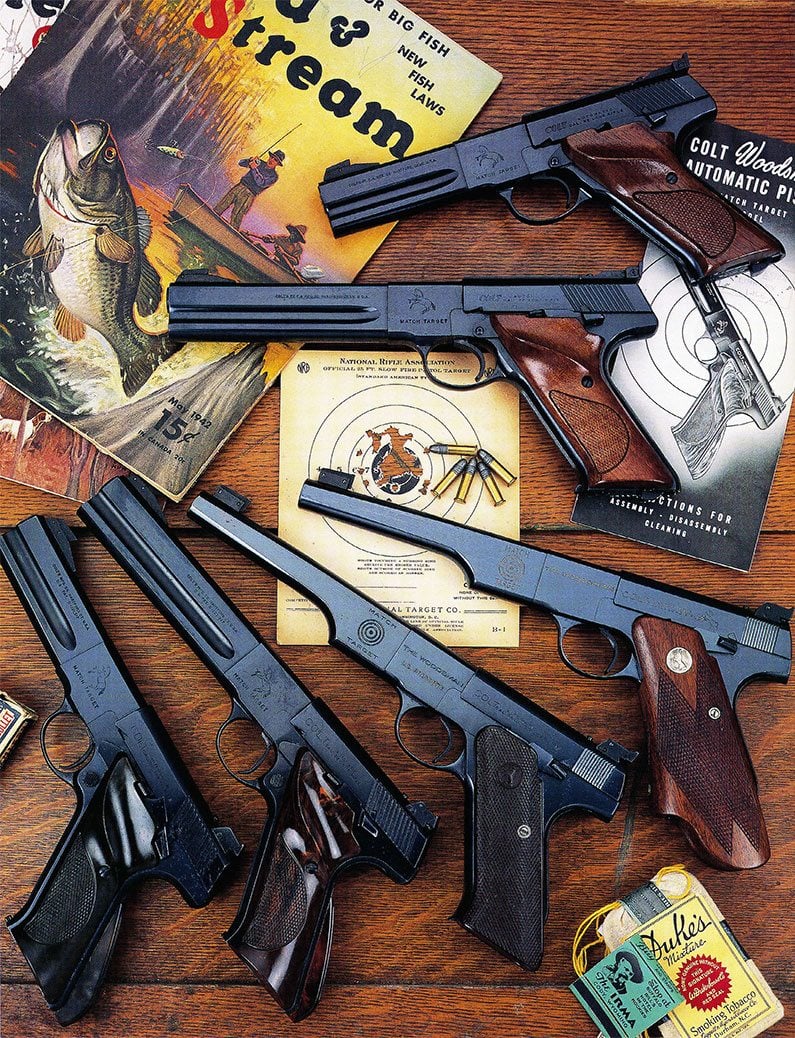 Selection of Colt Woodsman automatic target pistols. The model was an instant success when it was introduced in 1925 and its popularity endured over the 62 years of its production life. Printed with permission of the Colt Collectors Association. Courtesy K.T. Roes, Wordsworth, as published in "Colt and Its Collectors." Paul Goodwin photo.