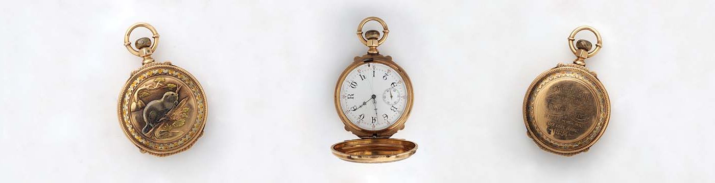 Three views of pocket watch given by William F. "Buffalo Bill" Cody to D. Frank "White Beaver" Powell, M.D., 1884. Museum Purchase, Garlow Memorial Fund. 1.69.2658