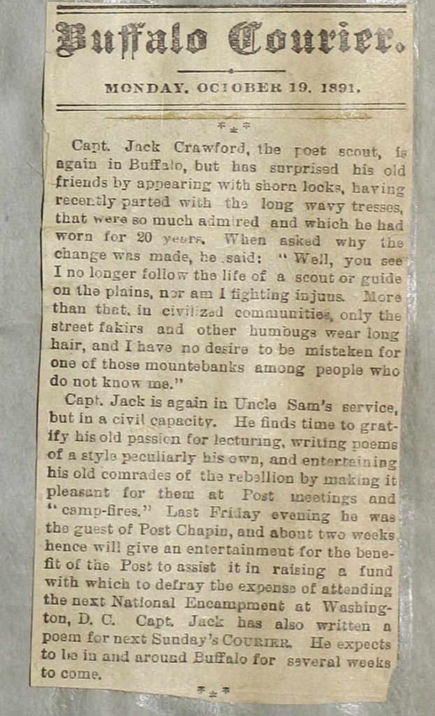 Clipping of Capt. Jack Crawford from Center of the West collection - typical fodder for scrapbooks.