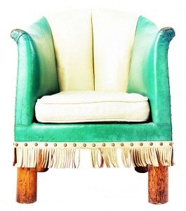 Barrel chair, green/white leather upholstered. Blue and white top-grain leather originally with leather-covered cushion, fringe trim. Collection of the Stonehouse Family