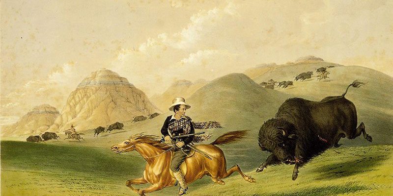 George Catlin (1796 - 1872). "Buffalo Hunt, Chasing Back," 1844. Hand-colored lithograph, 17 3/4 x 13 in. Gift of Mrs. Sydney T. Miller. 21.74.12