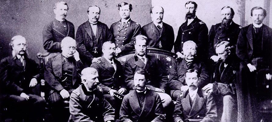 The Royal Hunting Party, 1872, included notables General Phil Sheridan (third from left, middle row), Grand Duke Alexis to Sheridan’s left, General G.A. Custer (end of middle row), and Colonel M.V. Sheridan,(front row, right). Photo was taken by J. Lee Knight at Topeka, Kansas, and is believed to be the only one captured of the group. Vincent Mercaldo Collection. P.71.552