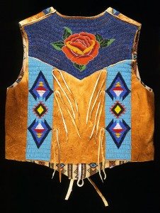 Vest (back), Debra Lee Stone Jay, Shoshone Bannock, Fort Hall, Idaho, 2002. Tanned and smoked hide, glass beads. Plains Indian Museum Acquisition Fund Purchase. NA.202.1008