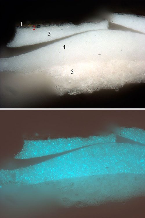 Illustration 6: These images show how one tiny paint sample near the signature area looks under the microscope and light.