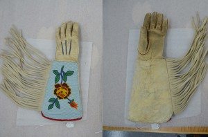 One of a pair of gauntlets displaying Crow beadwork (left). Same gauntlet displaying palm (right). Acc # 1.69.775