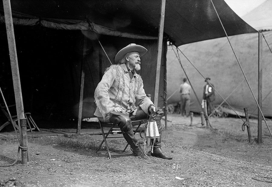William F. Cody in front of his Wild West show tent, ca. 1900. MS47 David R. Phillips Collection, McCracken Research Library. PN.47.17