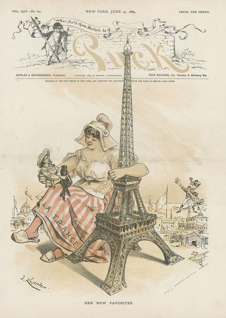 Puck captures Buffalo Bill's popularity with the French in this cover dated June 19, 1889. MS6 William F. Cody Collection, McCracken Research Library. MS6.4073