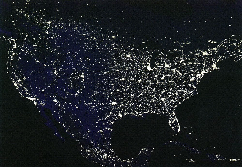 Satellite images of the United States at night reveal communities filling parts of the West that would have appeared black only 20 years ago. Photo courtesy NASA.