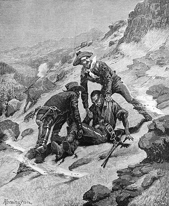 Figure 8. Frederic Remington (1861-1909). Soldiering in the Southwest--The Rescue of Corporal Scott, 1886. Harper's Weekly (August 21, 1886) wood engraving. (CR# 00049)