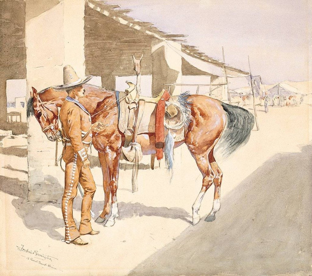 Figure 10c. Frederic Remington (1861-1909)."A Rural Guard -- Mexico" , 1893.  Ink and watercolor on paper . Private Collection (CR# 01651)
