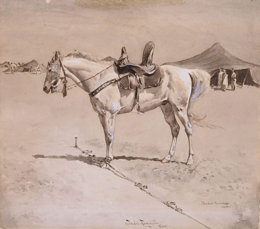 Frederic Remington (1861-1909). Arab Method of Picketing a Horse, 1984. Ink wash on paper. Collection of the Frederic Remington Art Museum, 78.7 (CR# 01901). Shown at Remington's exhibition and sale in 1895 at the American Art Galleries, this work exemplifies the illustrated artworks that anxious bidders were eager to secure.