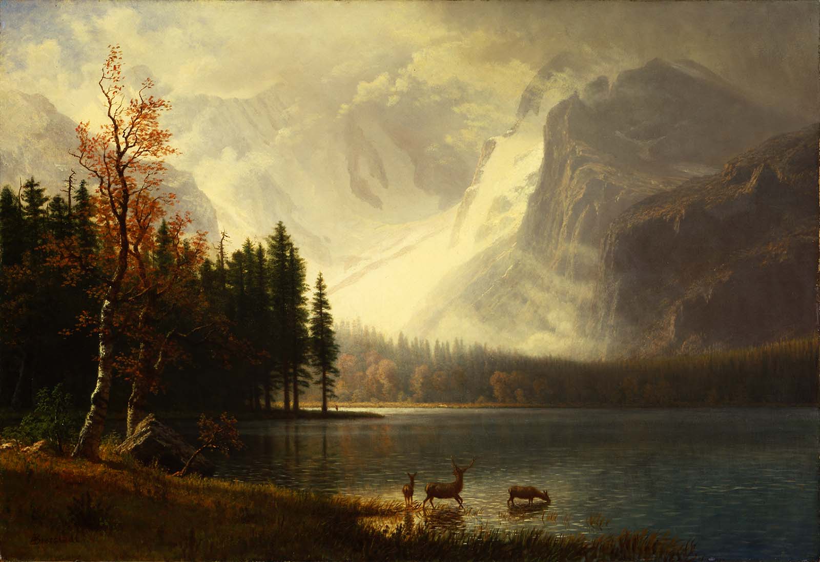 Like many paintings by Bierstadt, this subject might be drawn more from the artist's imagination than from an actual spot. Whyte's Lake, a man-made lake, existed only one year, 1877, and was washed out by floods the following year. Albert Bierstadt (1830-1902). Estes Park, Colorado. Whyte's Lake, ca. 1877. Oil on canvas. Gift of the Coe Foundation. 12.74