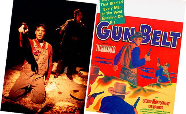 Image from the stage adaptation of John Steinbeck's "Of Mice and Men," courtesy photograph by Randall Wise for the Iron Age Theatre's production at the Centre Theatre, Norristown, Pennsylvania, November 2002. (R) 1953 United Artists western film lobby card, "Gun Belt." MS 323 Don Look Collection.