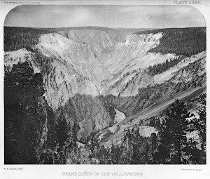 Albertype of William Henry Jackson photo of the Grand Canyon of the Yellowstone. U.S. Geological Survey of the Territories, 1871. Plate XXXII. Buffalo Bill Center of the West, Cody, Wyoming, USA. On loan from Dr. Robert Enteen. WHJ-A.034