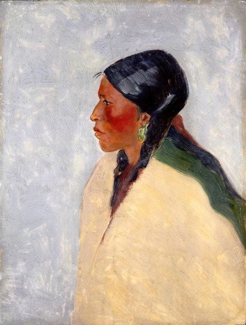 Frederic Remington (1861-1909). "Untitled," (Ute Woman, study for "A Monte Game at the Southern Ute Agency"). Oil on board, 12 1/4 x 9 1/8 in. Gift of the Coe Foundation. 72.67
