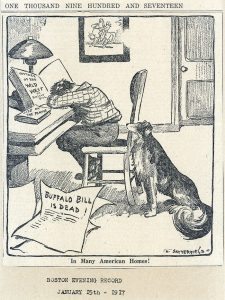 Cartoon by Bob Satterfield (1875 – 1958) about the death of Buffalo Bill and how it affected this American boy in particular, and the nation in general. "Boston Evening Record," January 15, 1917. MS6 William F. Cody Collection. MS6.0625