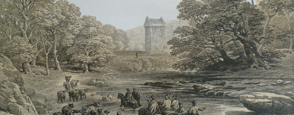 Border reivers at Gilnockie Tower, from an original drawing by G. Cattermole, ca. 1860. Creative Commons.