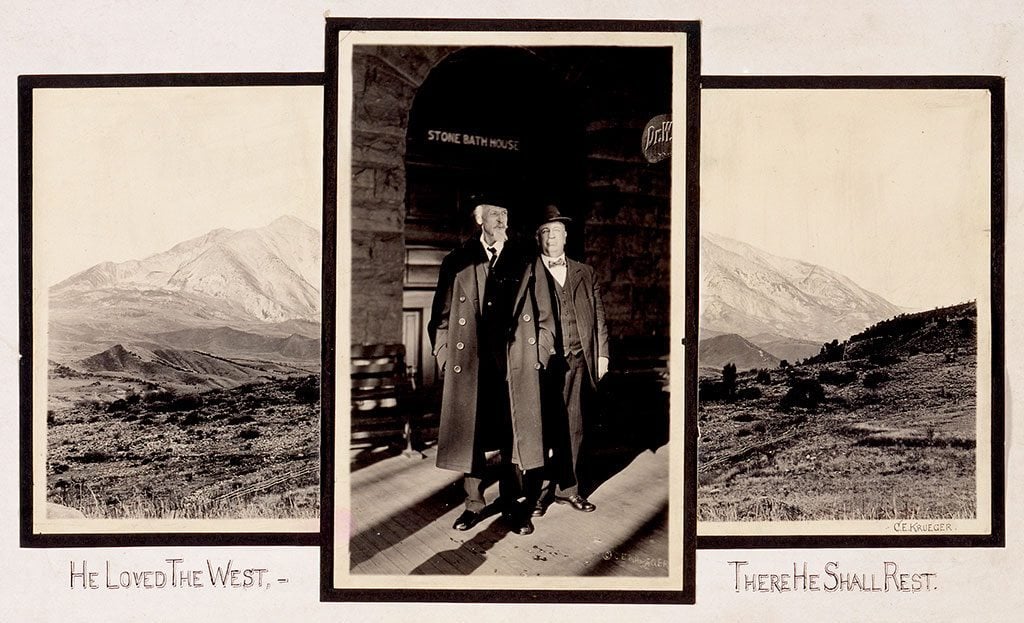 Last known photograph of Buffalo Bill, here pictured with his physician, Dr. Crook, standing outside Stone Bath House, Glenwood Springs, Colorado, 1917. MS 6 William F. Cody Collection. P.69.999