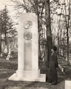 At Woodlawn Cemetery in Elmira, New York, this 12-foot-tall stone marker on grave of Mark Twain represents two fathoms or “mark twain,” the term used by Mississippi riverboat captains to mark the river's depth, and from which Samuel Clemens took his pen name. Photo courtesy The Mark Twain Archive, Elmira College, Elmira, New York.