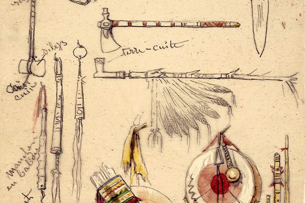 Rosa Bonheur (1822–1899). "Indian Artifacts, Weapons and Pipes," after 1841. Watercolor on paper. Whitney Purchase Fund. 14.88.1