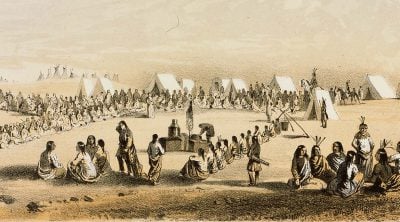 John Mix Stanley. Distribution of Goods to the Assiniboines, ca. 1860. Tinted lithograph on paper. 12.87.5 (detail)