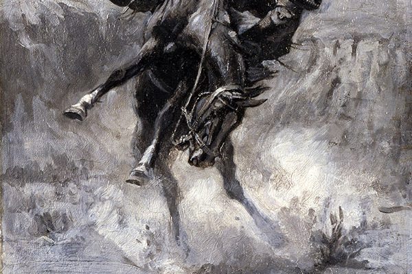 Charles M. Russell (1864–1926). “Escape,” 1908. Black and white oil on canvas, 17 5/8 x 12 in. Gift of William E. Weiss. 21.73