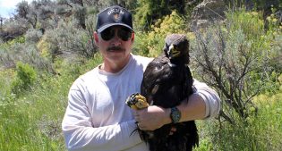 Dr. Charles R. Preston in the field with a golden eagle.