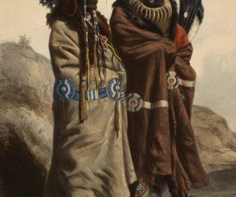 Karl Bodmer (1809-1893), Sih-Chida and Mahchsi-Karehde Mandan Indians, ca. 1840-1843, hand-colored aquatint and engraving on paper, Gift of Clara S. Peck, 21.69.73.