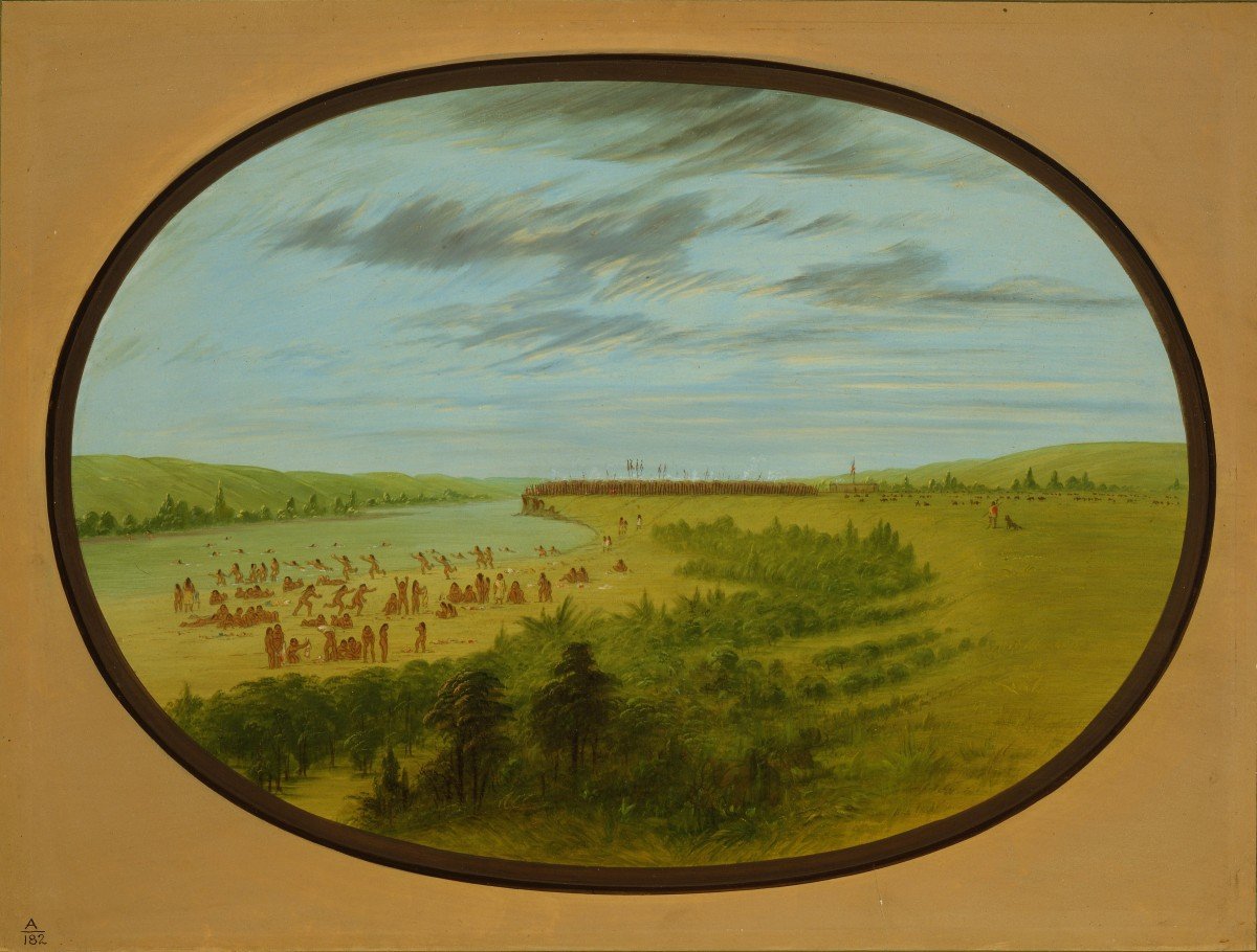 George Catlin (1796-1872). Mandan Village, Mandan - View of the Missouri above the village whilst the women and children are bathing, ca. 1855-1870. Oil on paperboard. Gift of Paul Mellon. 25.86
