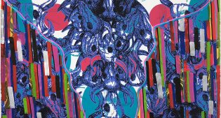 John Hitchcock’s Flatlander 5. Acrylic paint, screenprint on paper, 22 x 30 inches, 2017.