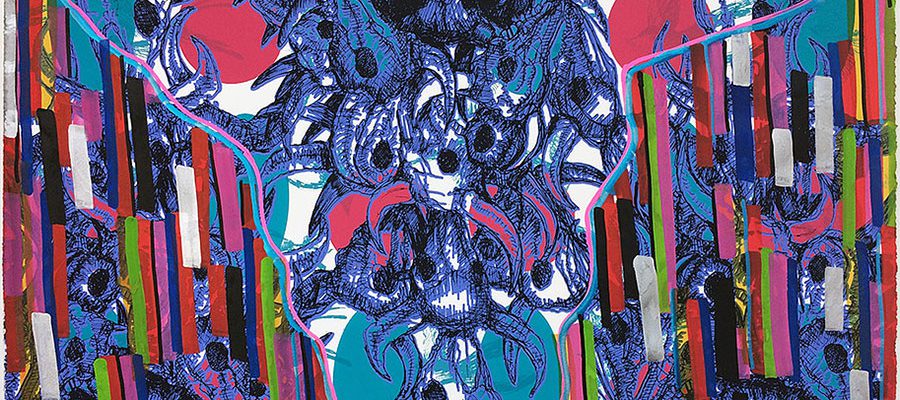 John Hitchcock’s Flatlander 5. Acrylic paint, screenprint on paper, 22 x 30 inches, 2017.