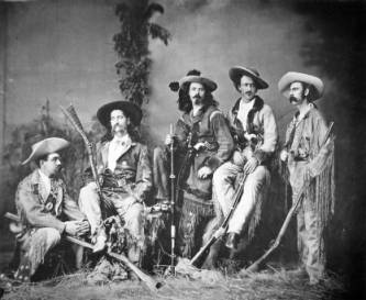 Left to right: Eugene Overton, Wild Bill Hickok, Buffalo Bill Cody, Texas Jack Omohundro, and Elisha Green.