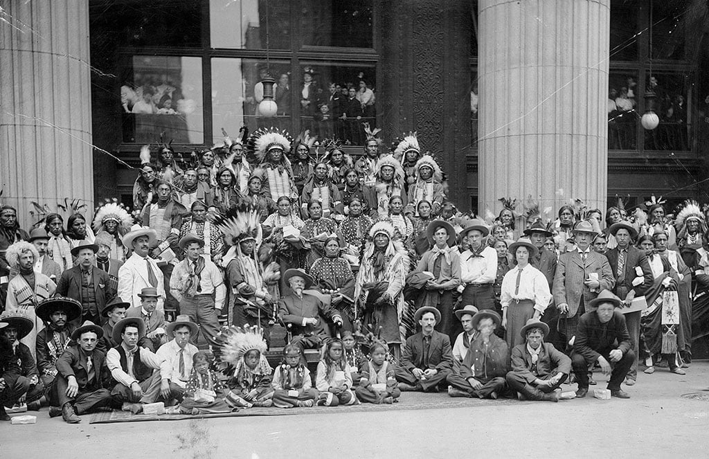 Buffalo Bill and the Wild West visited Wanamaker's Department Store in Philadelphia, and posed for the camera, probably in 1908. Store employees were intrigued by these unique customers. Gift of Gilbert Patten. P.69.1243.7