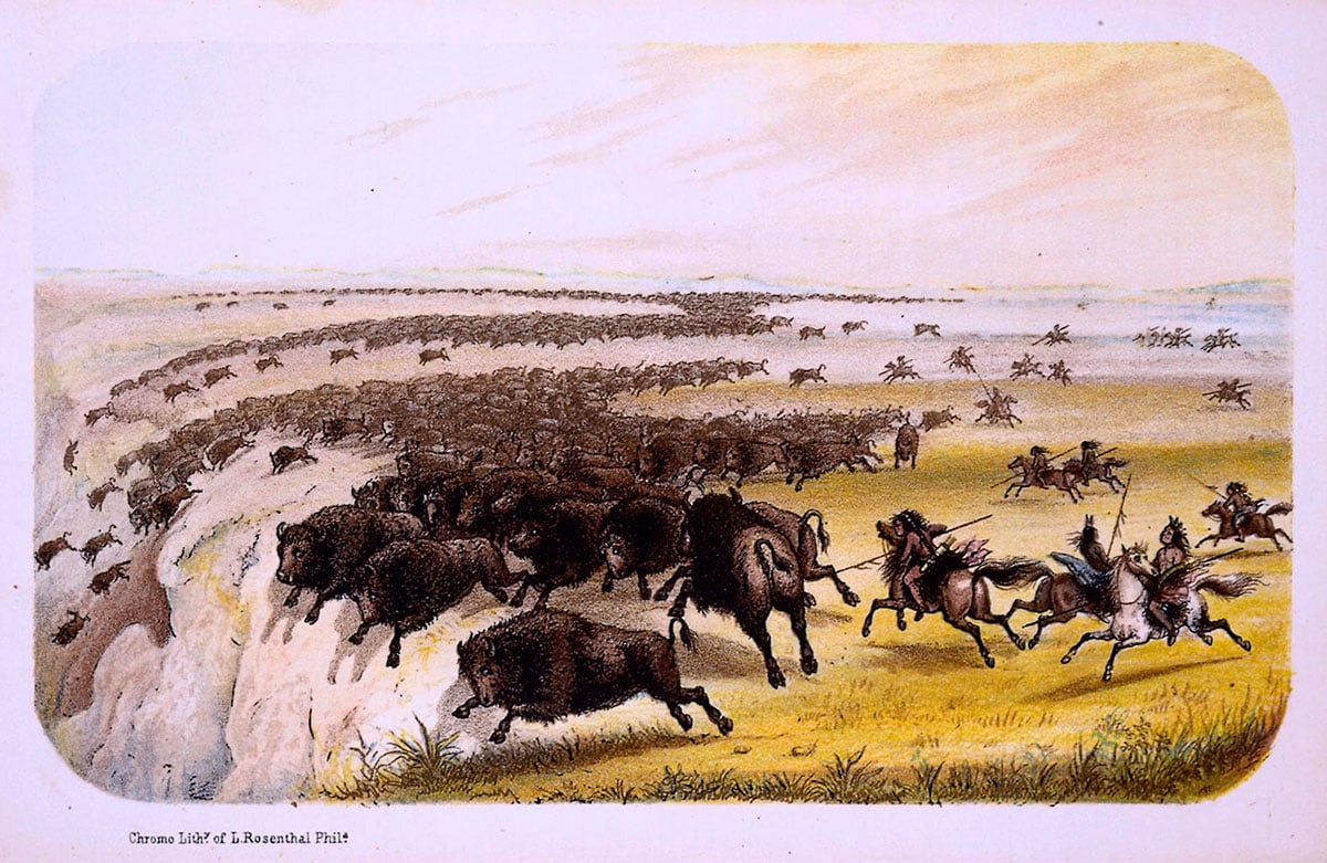Alfred Jacob Miller (1810-1874). "Buffalo Hunting," ca. 1851. Chromolithograph, 4.75 x 8 inches. 7.83